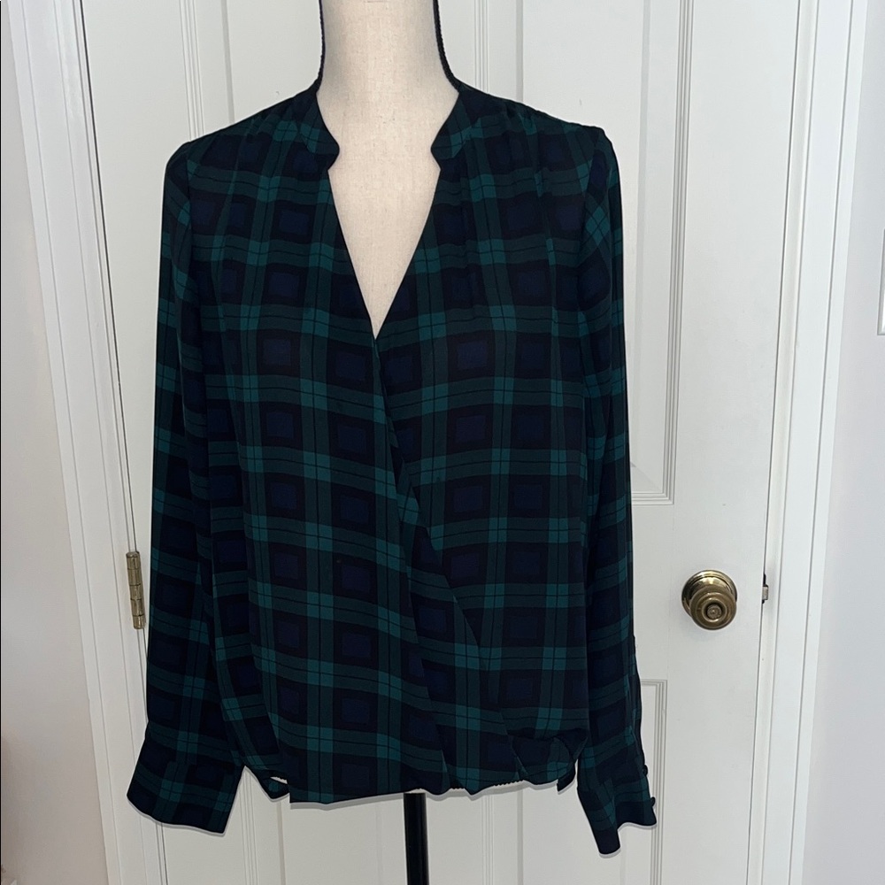 The Limited Holiday Plaid Wrap Blouse - Black and Green- Large